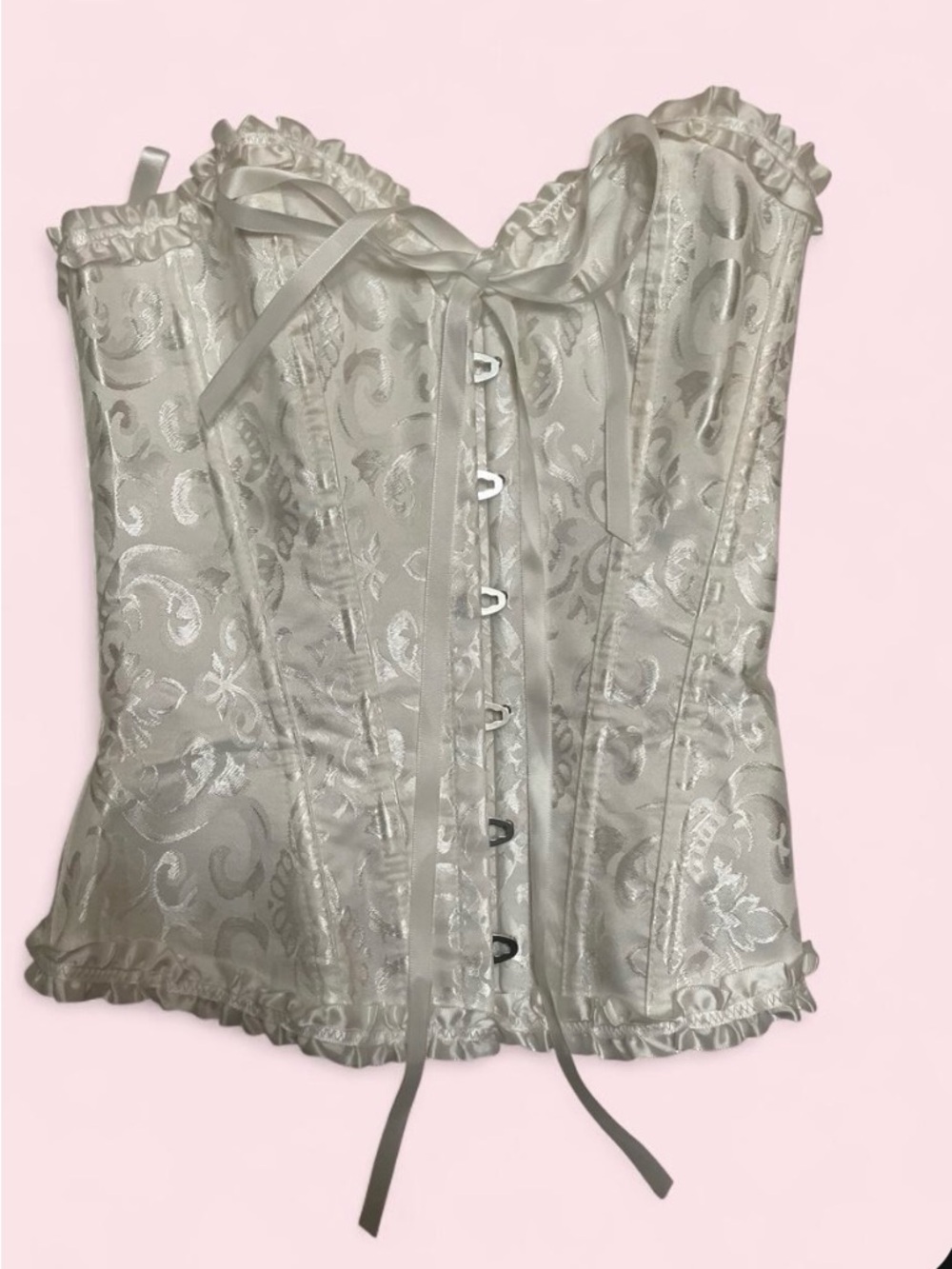 White Foral Silk Corsette with Coquette Style Ruffles and Details